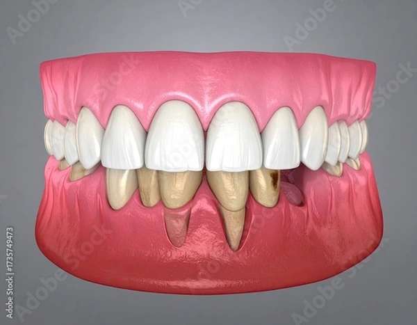 Fototapeta Receding gums, teeth exposure, and bone loss in rendered view