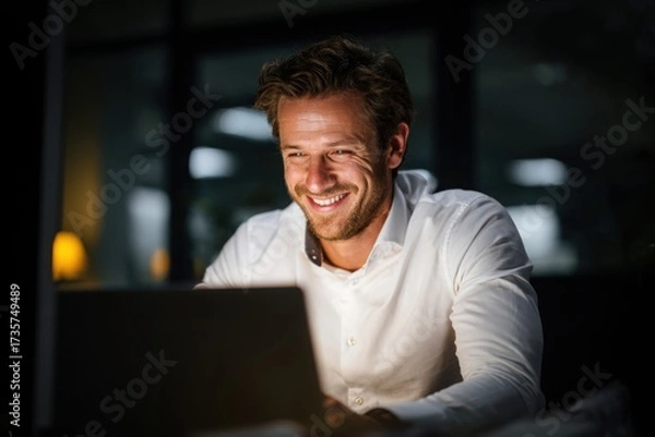Fototapeta smiling young man working on a laptop in the office handsome, mature male businessman smiling while using his computer at his work desk.
