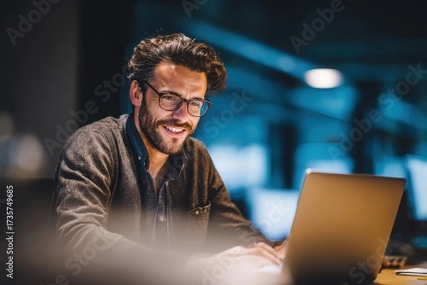 Fototapeta smiling young man working on a laptop in the office handsome, mature male businessman smiling while using his computer at his work desk.