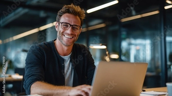 Fototapeta smiling young man working on a laptop in the office handsome, mature male businessman smiling while using his computer at his work desk.