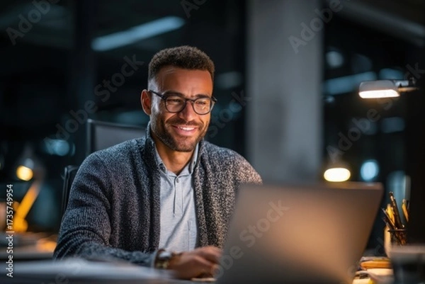 Fototapeta smiling young man working on a laptop in the office handsome, mature male businessman smiling while using his computer at his work desk.