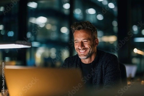 Fototapeta smiling young man working on a laptop in the office handsome, mature male businessman smiling while using his computer at his work desk.