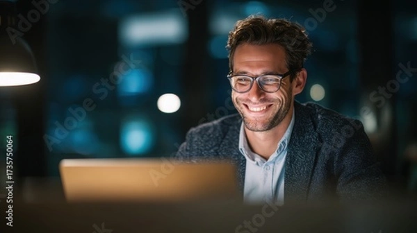 Fototapeta smiling young man working on a laptop in the office handsome, mature male businessman smiling while using his computer at his work desk.