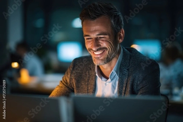 Fototapeta smiling young man working on a laptop in the office handsome, mature male businessman smiling while using his computer at his work desk.