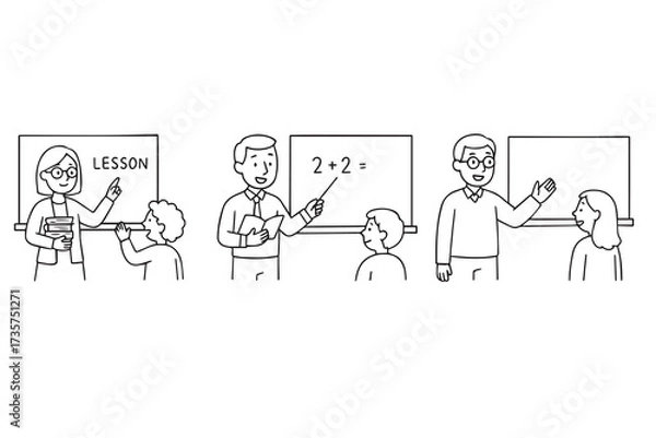Fototapeta Teachers teach lessons at the blackboard in a school classroom. Children study at their desks. Education, knowledge, learning. Vector doodle illustration.