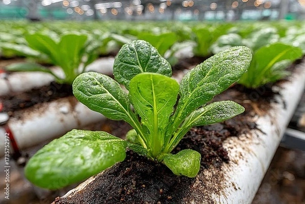 Fototapeta Close-Up of Leafy Greens in White Hydroponic Pipes with Exposed Roots in Indoor Farm