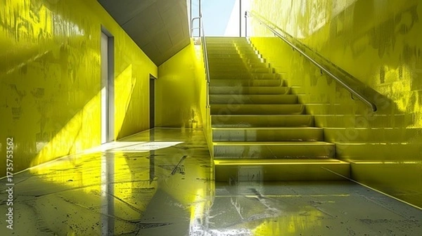 Fototapeta Yellow modern staircase architecture with vivid sunlight