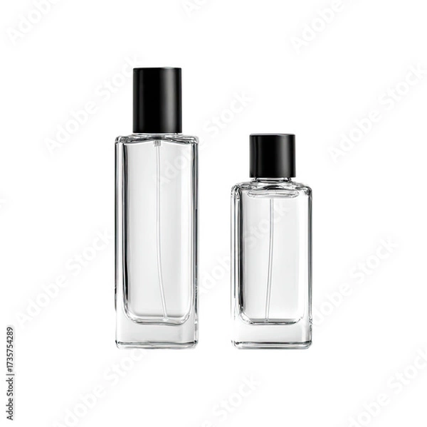 Fototapeta Two clear glass perfume bottles, rectangular shape, one larger than the other, black caps