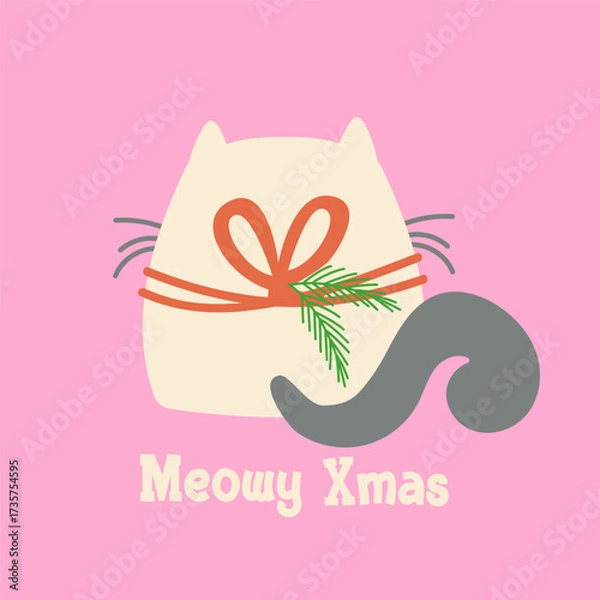 Fototapeta Christmas cat background  with meowy xmas festive message