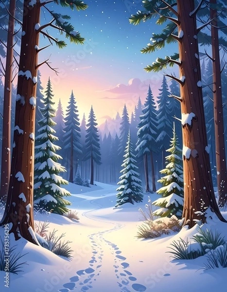 Obraz Snowy forest path at dawn