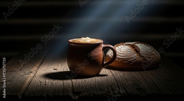 Obraz Rustic still life with a clay mug of frothy beer and a loaf of bread on a wooden table