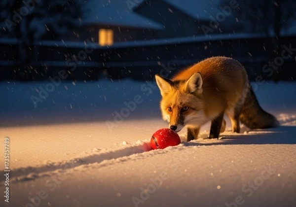 Obraz Red fox discovering a lost red toy ball in the fresh snow on a cold winter evening at dusk