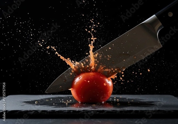 Obraz Chef's knife cutting a fresh red tomato and creating a splash of juice on a black background