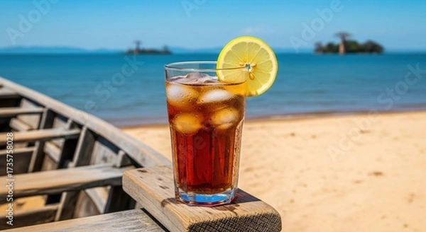 Obraz Refreshing malawian chombe iced tea on a boat with a sunny tropical beach view in summer