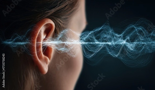 Obraz Human ear with sound waves emanating, representing hearing and auditory perception.