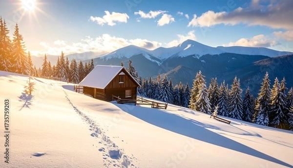 Obraz Snowy mountain cabin at sunset