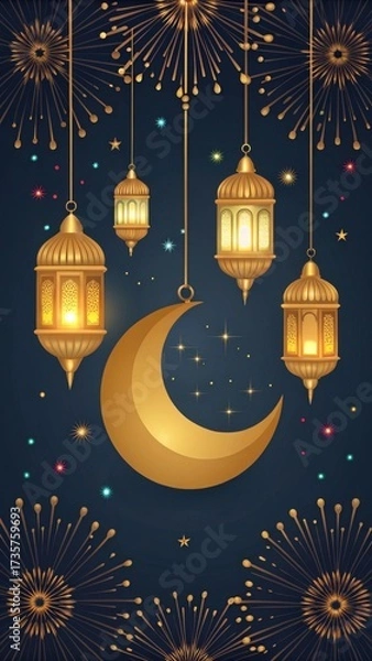 Fototapeta Golden crescent moon and ornate islamic lanterns illuminated against a dark night sky with festive fireworks