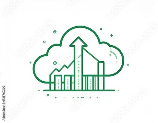 Fototapeta Minimalist line art illustration of a graph soaring upwards into a cloud, representing exponential growth and cloud computing, white background, clean vector style, vivid green color