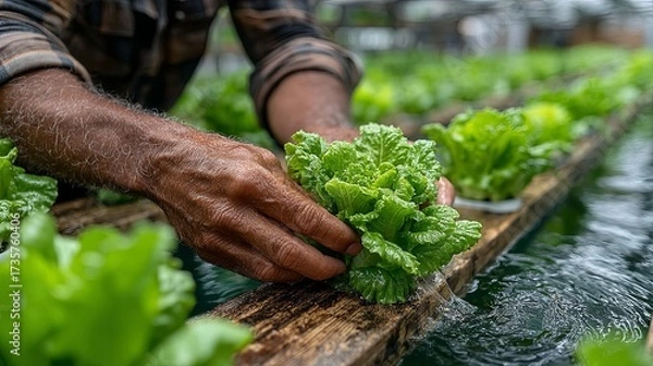 Obraz Harvesting Lettuce in Hydroponic System with Flowing Water and Wooden Supports