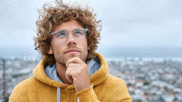 Fototapeta Thoughtful man with curly hair in a yellow hoodie against cityscape  