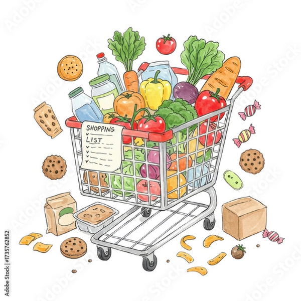 Fototapeta Shopping cart filled with groceries and shopping list isolated PNG with Transparent Background