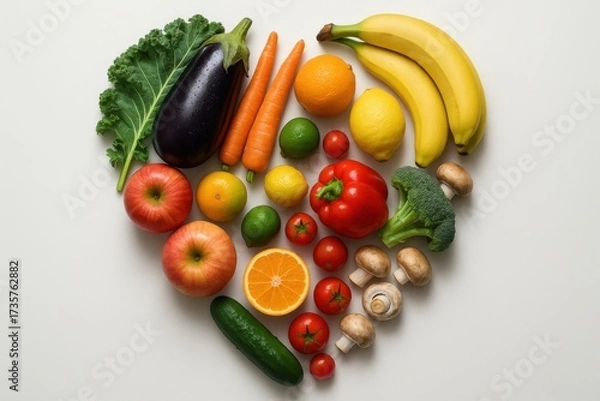 Fototapeta Heart-shaped food layout with vegetables and fruits including bananas, peppers, spinach, broccoli, and mushrooms on white.