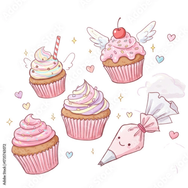 Fototapeta Pastel-colored cupcakes with wings and piping bag vector illustration isolated PNG with Transparent Background