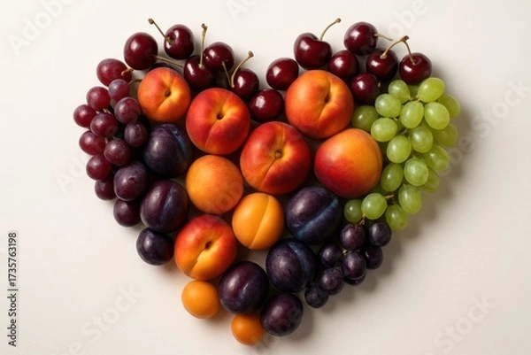 Fototapeta Assorted stone fruits including peaches, nectarines, plums, grapes, cherries arranged in heart shape promoting summer nutrition and freshness.