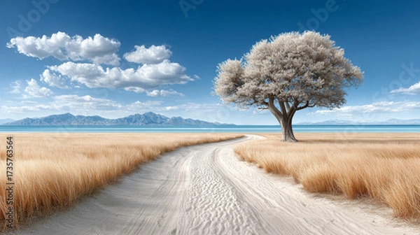 Fototapeta Isolated tree beside winding sandy path under a blue sky and mountains  