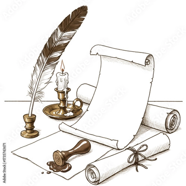 Fototapeta Scroll with feather quill and candle sketch illustration isolated PNG with Transparent Background