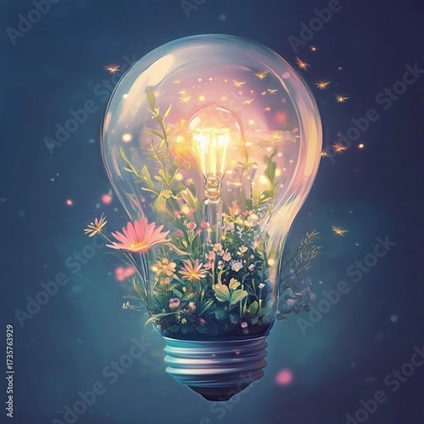 Fototapeta Light Bulb with Floral Elements in Pastel Style, Light bulb garden fantasy glowing fireflies inside bulb, Eco-friendly energy concepts with fantasy light bulbs and glowing gardens