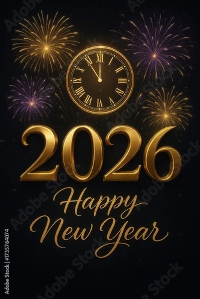 Fototapeta Elegant golden clock showing midnight above 2026 New Year message with fireworks on black background.