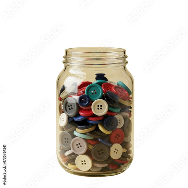 Fototapeta Glass jar filled with colorful sewing buttons isolated PNG with Transparent Background