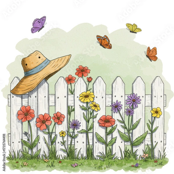 Fototapeta Summer garden illustration with flowers, butterflies, and a hat on a picket fence isolated PNG with Transparent Background