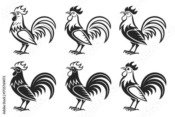 Obraz Minimalist decorative rooster icon set in black yellow cyan magenta