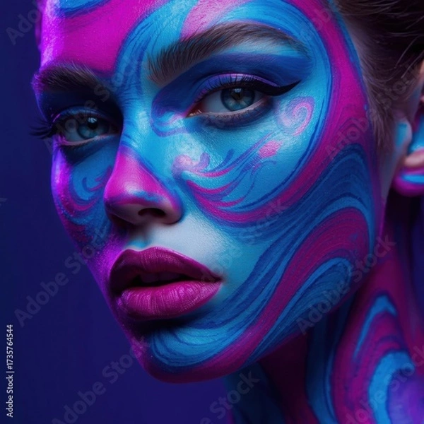 Fototapeta A vibrant portrait of a model with intricate blue and pink face paint, showcasing a blend of artistic makeup and striking features.