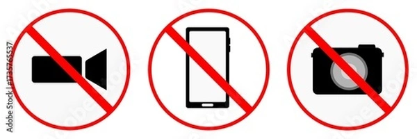 Fototapeta No photography, no video, do not use the phone, red sign symbol prohibition. Warning red round sign, prohibited symbol