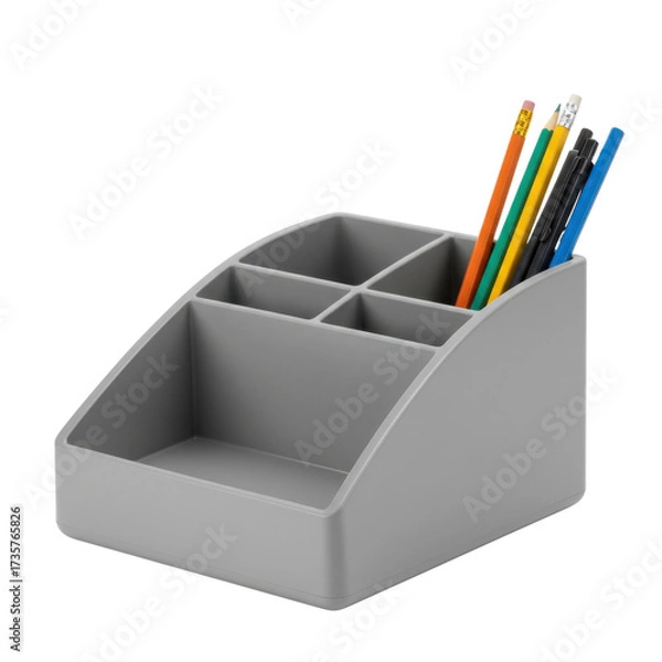 Fototapeta Gray desk organizer with pencils isolated PNG with Transparent Background