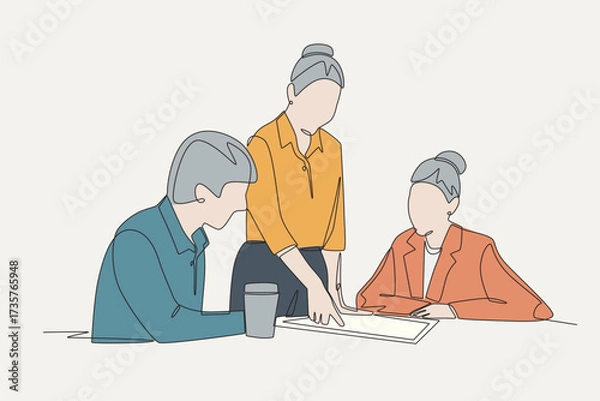 Fototapeta Colored focused team strategy session concept one-line drawing