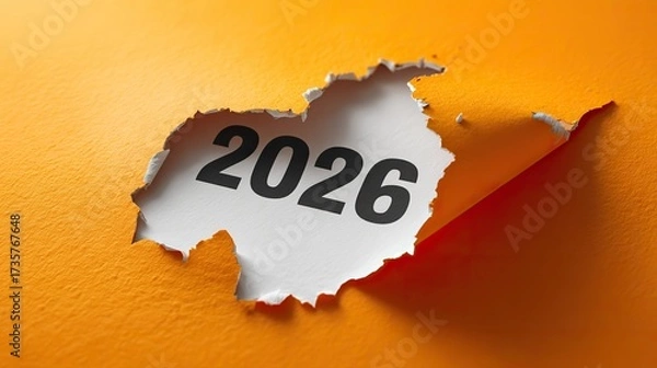 Fototapeta Orange torn paper revealing bold black numbers "2026" on a white background, symbolizing breakthrough, unveiling new opportunities, and fresh beginnings for the New Year in a modern dynamic style