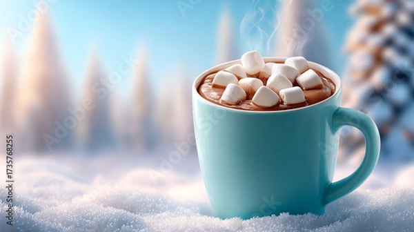 Fototapeta Giant hot chocolate mug with marshmallows in snowy forest setting  