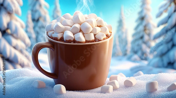 Fototapeta Giant hot chocolate mug with marshmallows in snowy forest background  