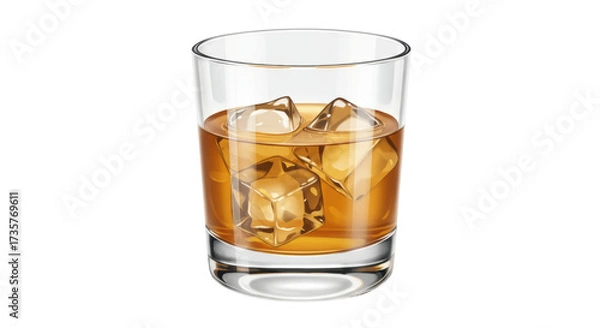 Fototapeta Whiskey in glass with ice cubes isolated on transparent background, amber liquor drink for bar and cocktail concepts PNG