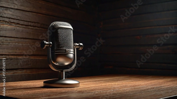 Fototapeta Microphone on Wooden Table in Podcast Studio