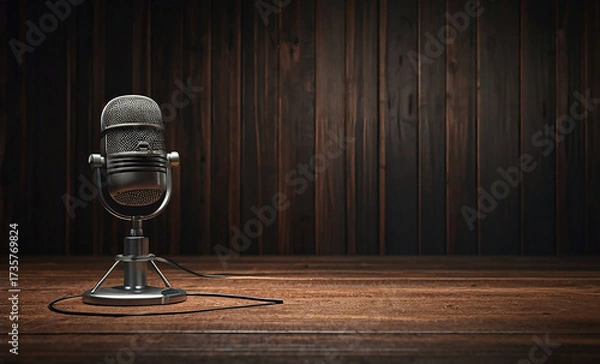 Fototapeta Microphone on Wooden Table in Podcast Studio