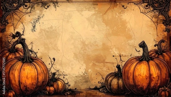 Obraz Antique Halloween background showing vintage pumpkins on aged parchment paper texture