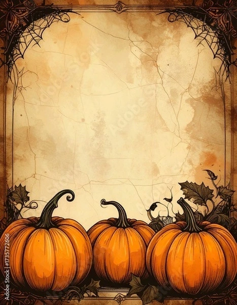 Obraz Antique Halloween background showing vintage pumpkins on aged parchment paper texture