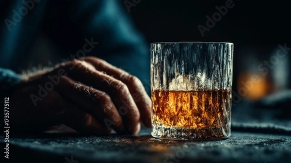 Fototapeta Whiskey On The Rocks: Capturing the sophisticated simplicity of a neatly poured glass of amber whiskey, complete with a few ice cubes, against a moody, inviting backdrop.