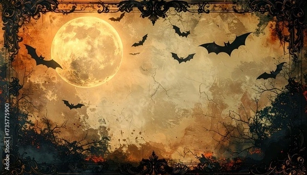 Obraz Gothic vintage Halloween wallpaper with glowing moon and bats on distressed parchment