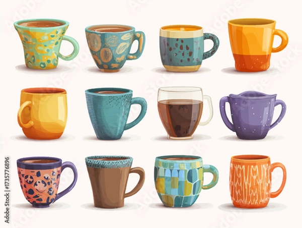 Fototapeta Cartoon illustration of a colorful collection of coffee and tea mugs with various patterns, textures, and designs